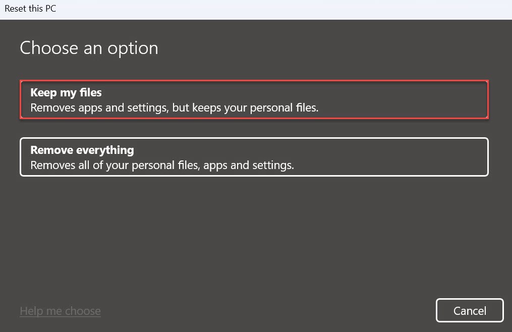 Restablecimiento de Windows 11: opción Conservar mis archivos