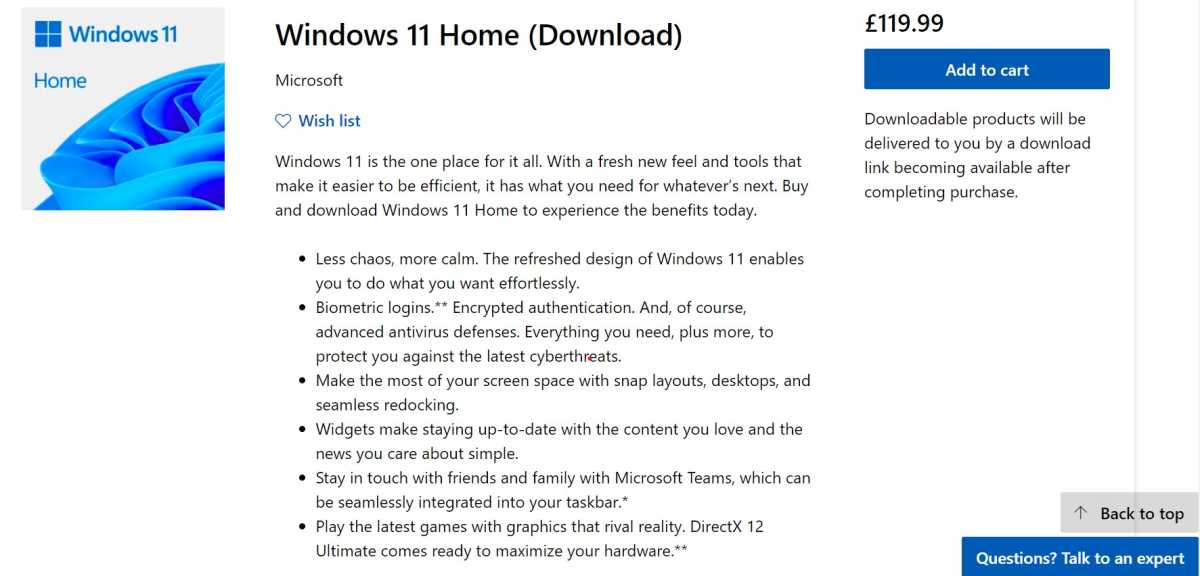 Página de compra de Windows 11 Home Microsoft
