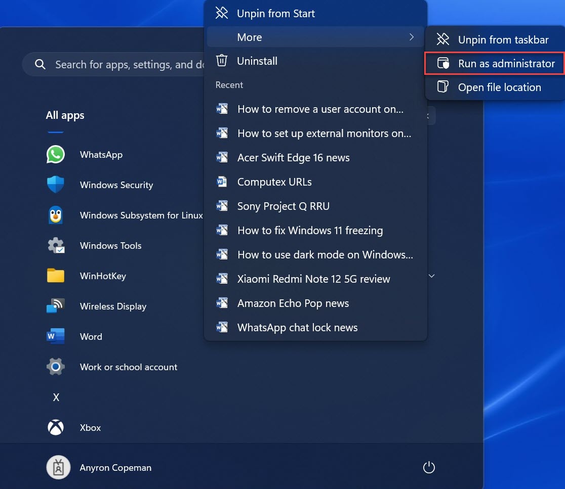 Captura de pantalla del método de ejecución de Windows 11 como administrador
