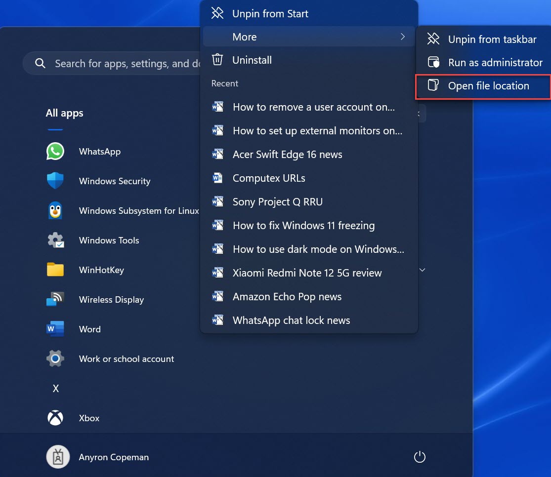 Captura de pantalla del método de ejecución de Windows 11 como administrador