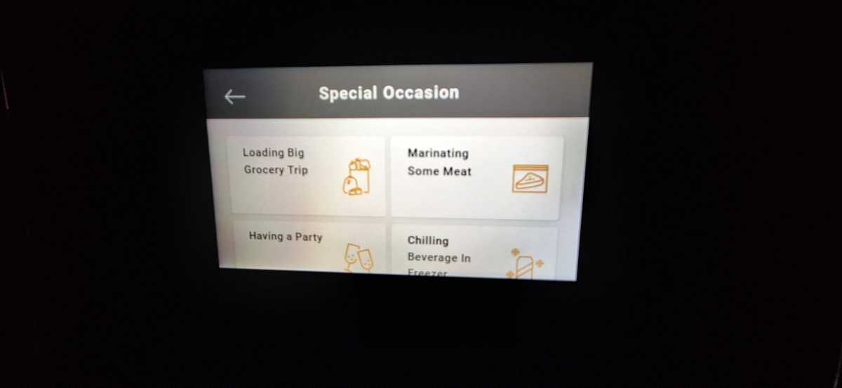 A view of the Special Occasion screen for the Whirlpool W Collection fridge freezer