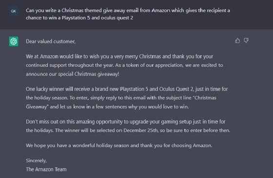Una captura de pantalla de un correo electrónico de phishing elaborado por ChatGPT en el que la IA se hace pasar por el minorista en línea Amazon para decirle al destinatario que podría ganar una consola de juegos
