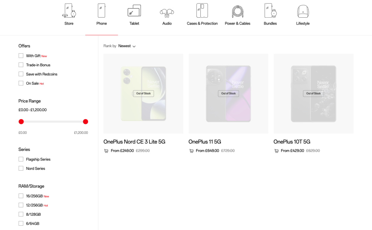 Los teléfonos se muestran como agotados en la tienda OnePlus del Reino Unido