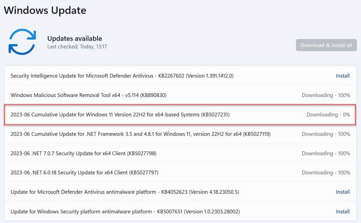 Descarga de actualización de Windows 11 KB5027231 en Configuración