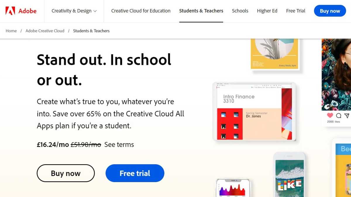 Sitio web de descuentos para estudiantes de Adobe