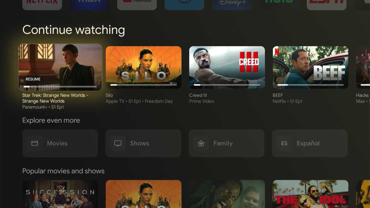 Google TV "Continuar viendo" fila en Walmart Onn 4K Streaming Box
