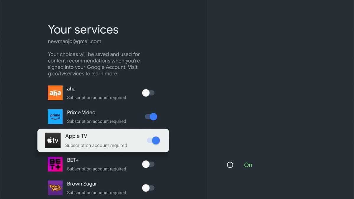 Menú Tus servicios de Google TV en Walmart Onn 4K Streaming Box