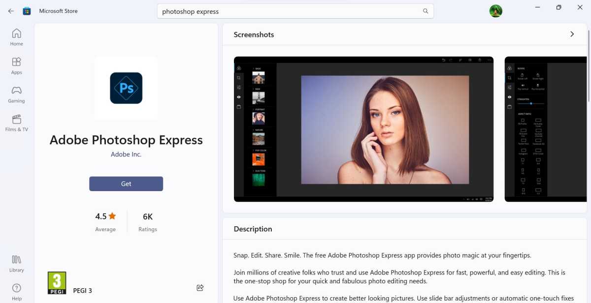 Adobe Photoshop Express en la tienda de Microsoft