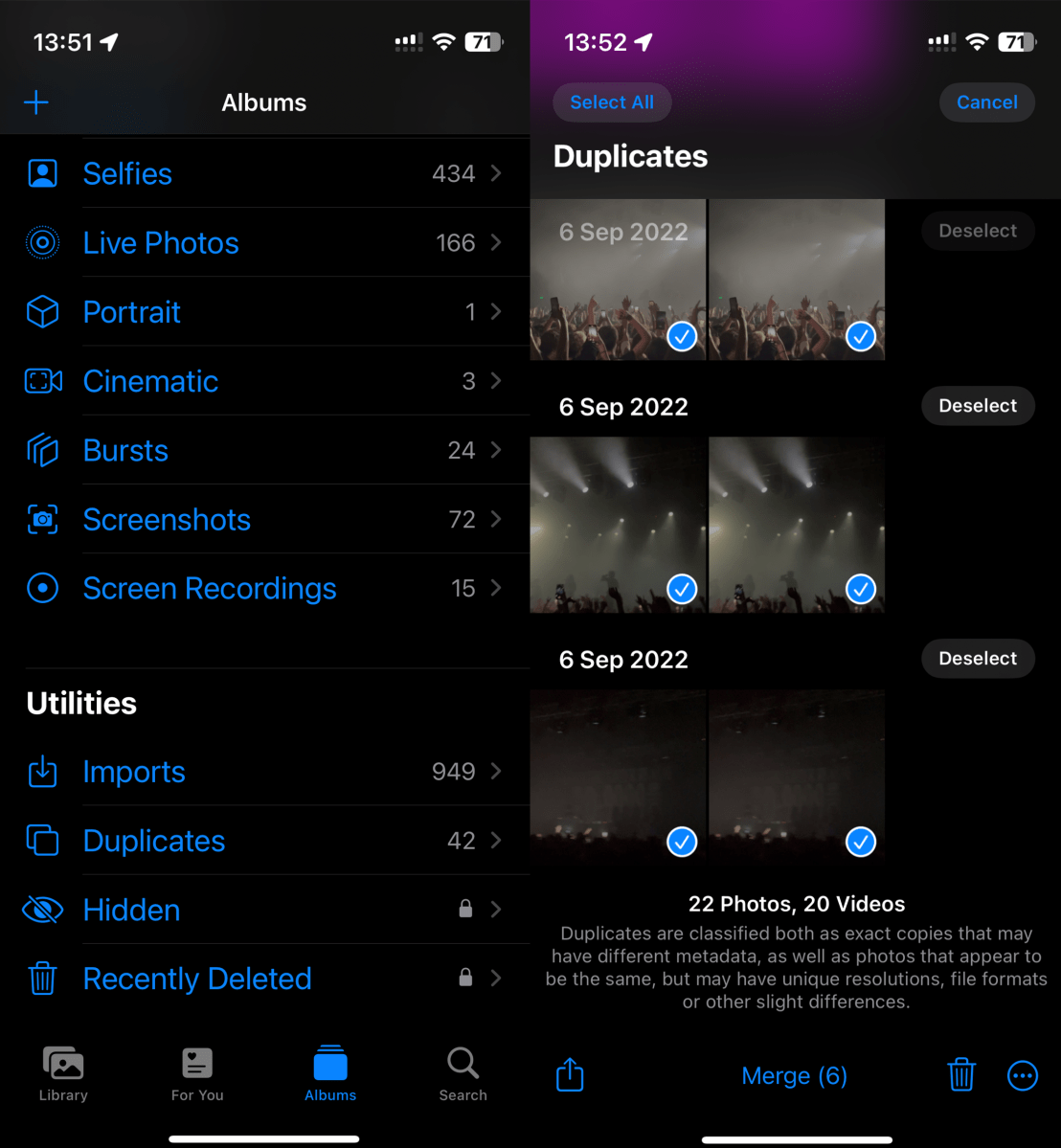 A screenshot of Apple Photos album of Duplicates