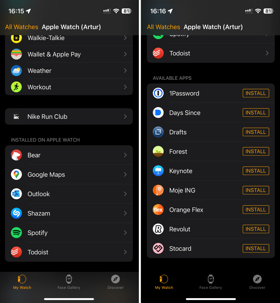 Screenshot of Apple Watch's settings on iOS