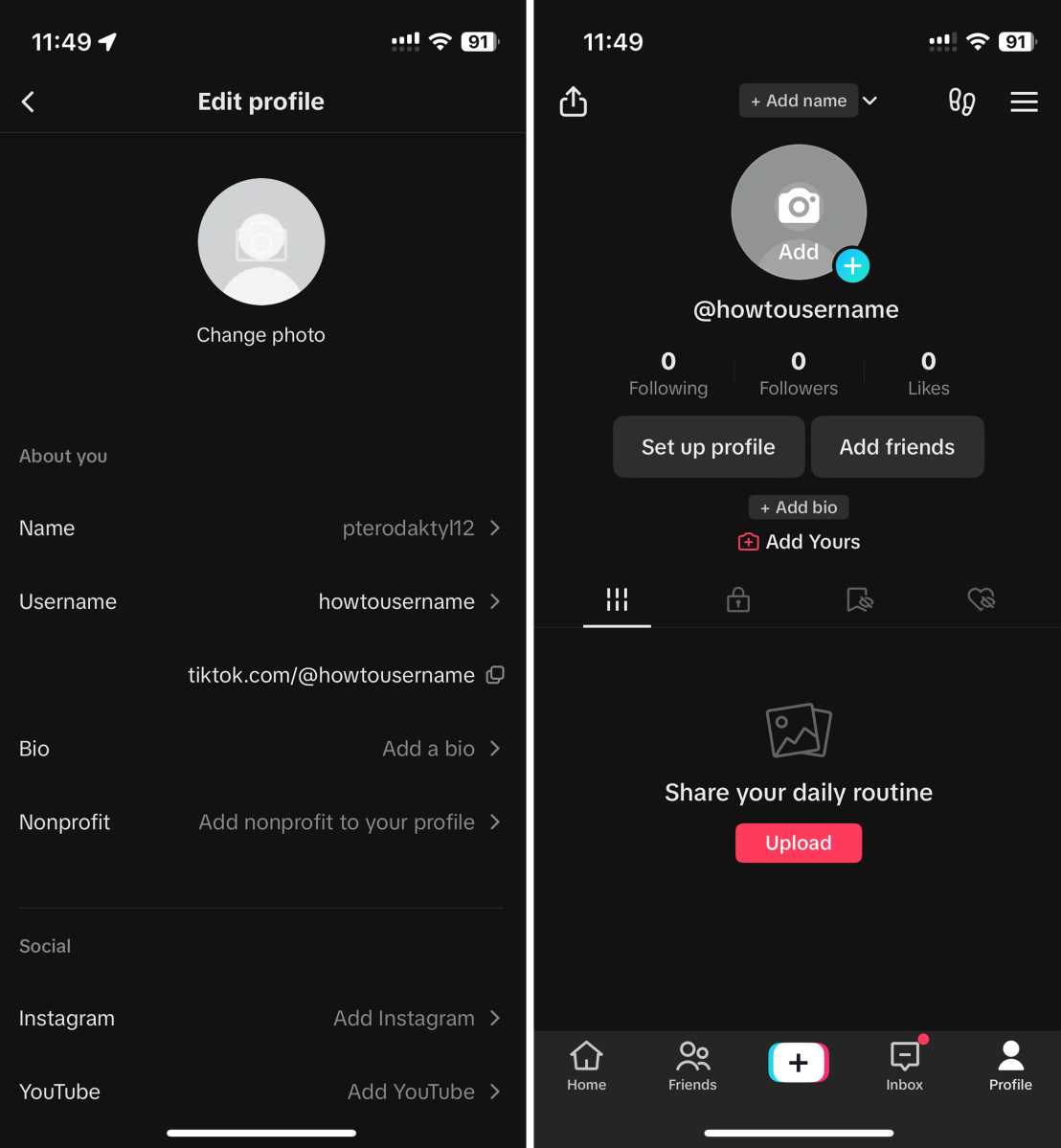 Screenshots of TikTok's profile change option