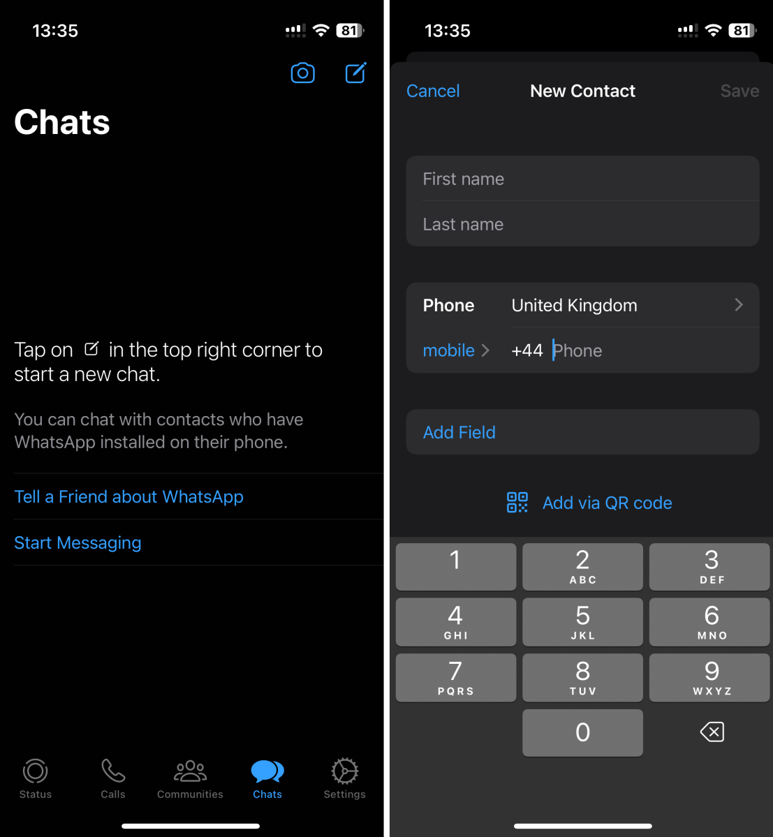 Screenshot of WhatsApp's adding new contact screen