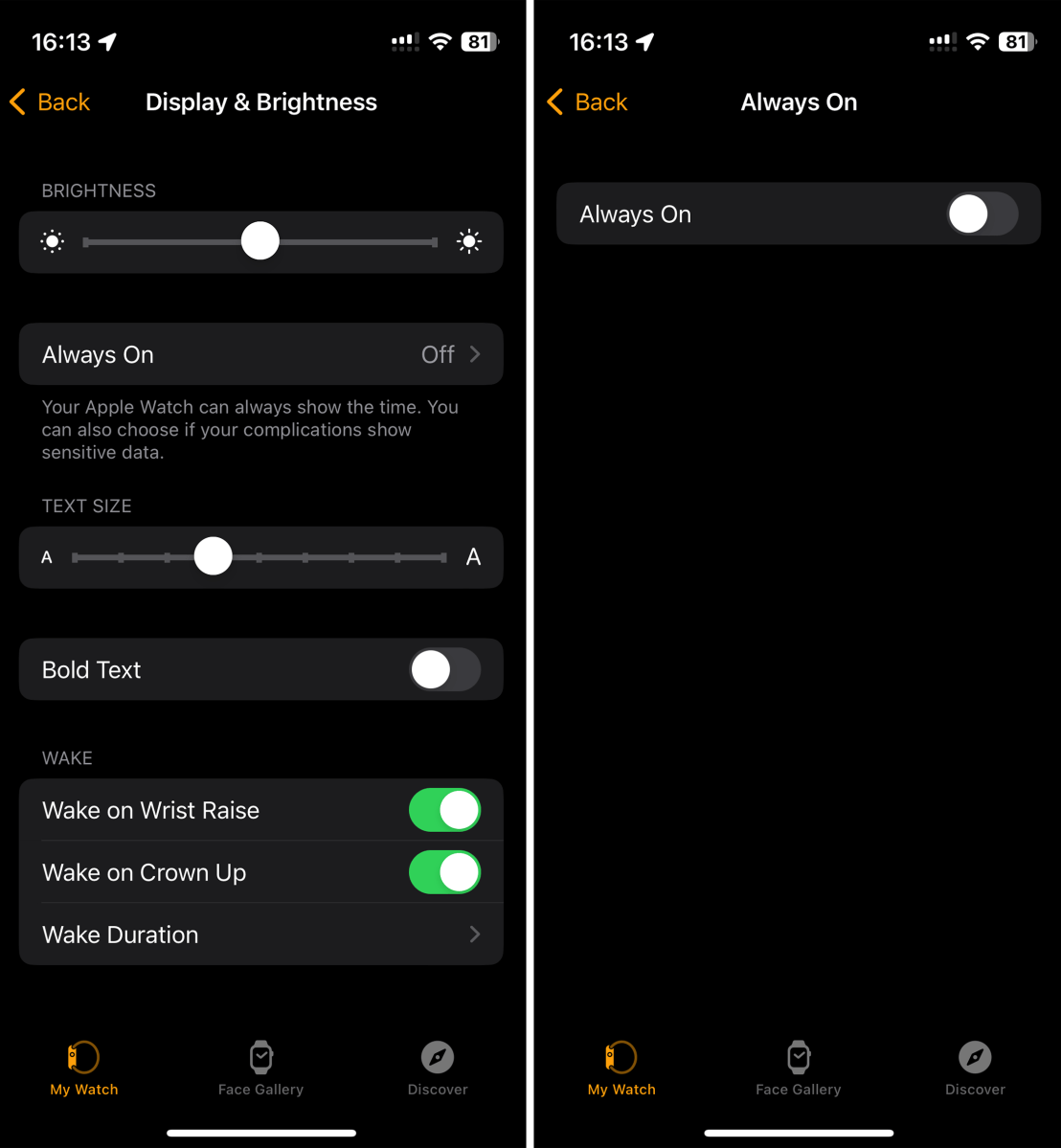Screenshot of Apple Watch's settings on iOS