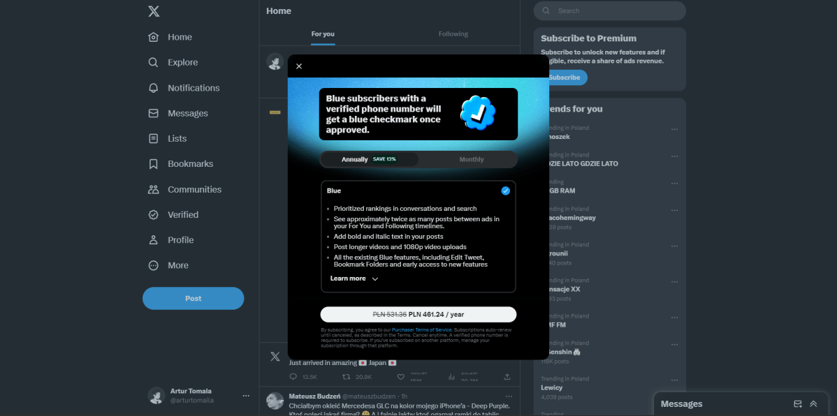 Screenshot of X Premium subscription window