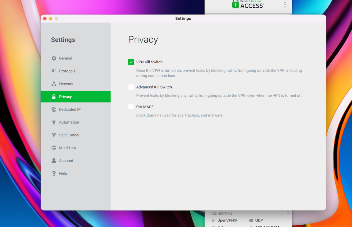 Screengrab of the Privacy menu in the macOS PIA app; VPN kill switch and MAC ad blocker toggles