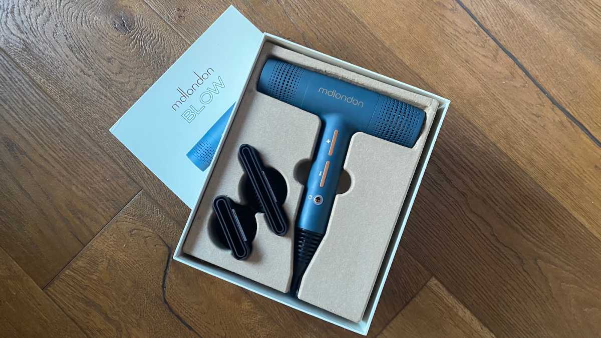 MDLondon hair dryer in box with styling nozzles