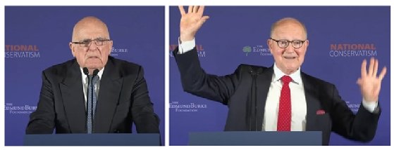Photos of Sir Richard Dearlove and Gwythian Prins speaking at the 2023 National Conservatism conference.