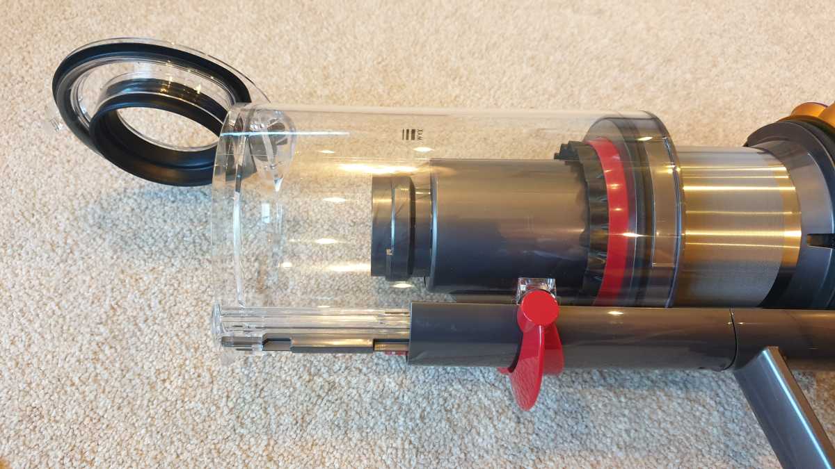 A close up of the open dust bin of the Dyson V15S Detect Submarine  