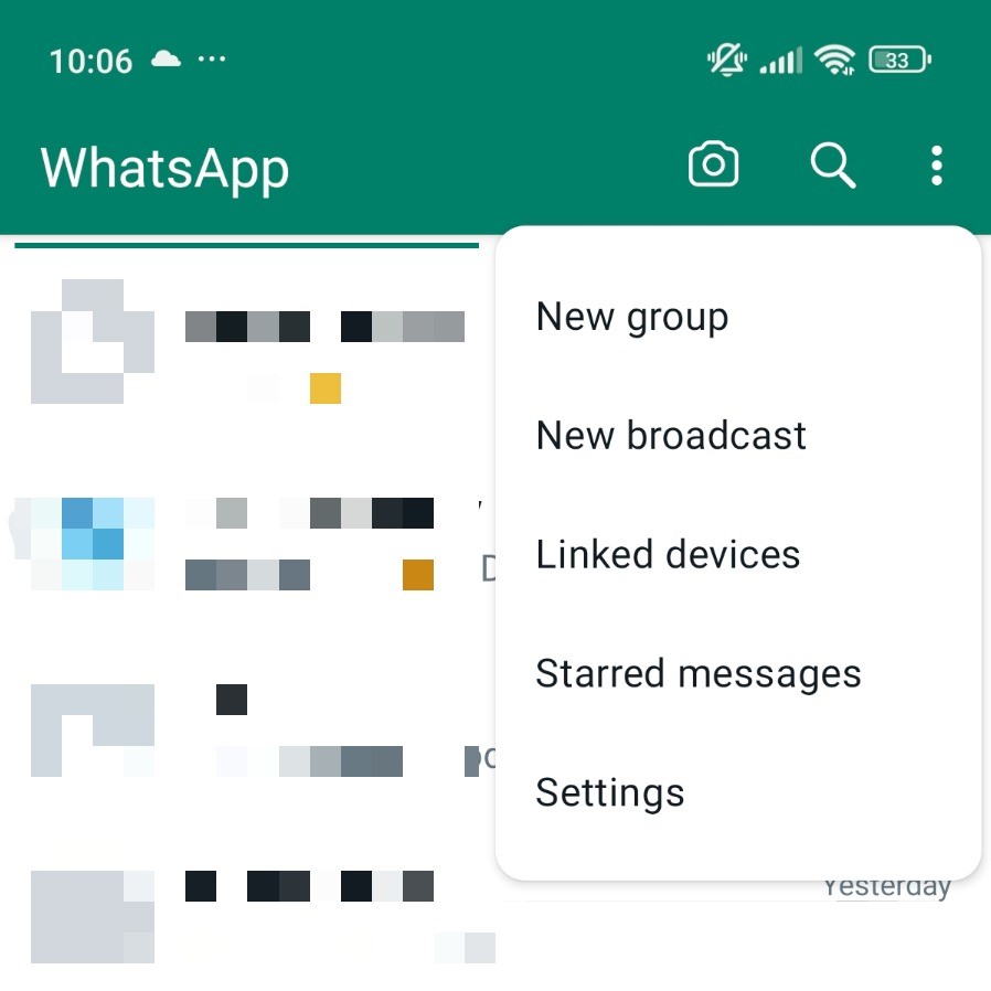 WhatsApp settings menu