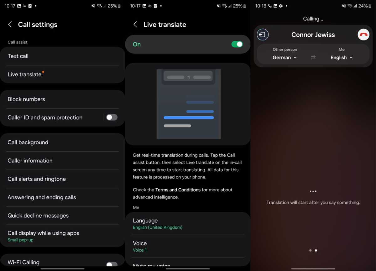 Una serie de capturas de pantalla que muestran cómo utilizar la función Live Translate en el Samsung Galaxy S24