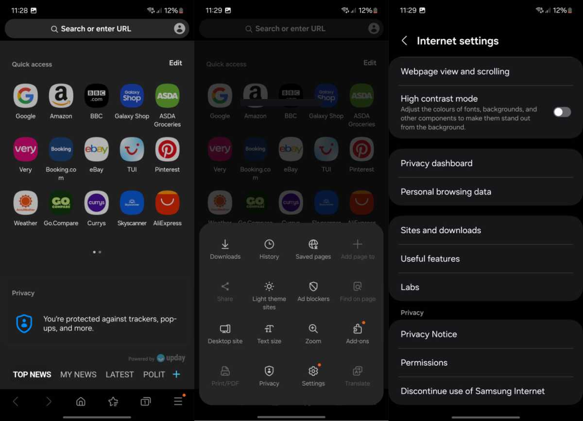 Una captura de pantalla que muestra cómo bloquear ventanas emergentes en Samsung Internet
