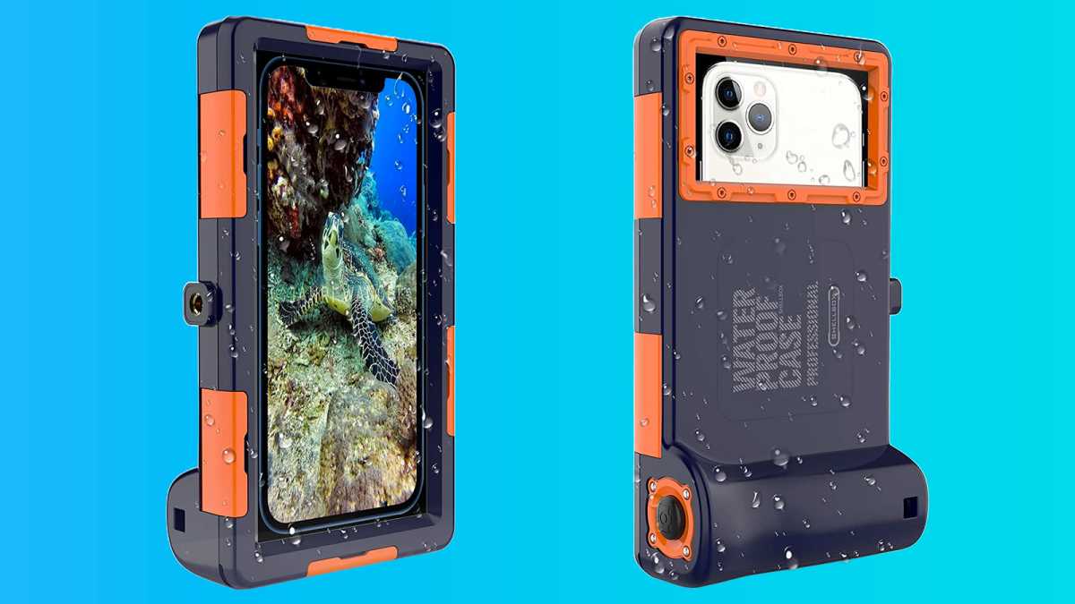 Funda impermeable para iPhone sobre fondo azul